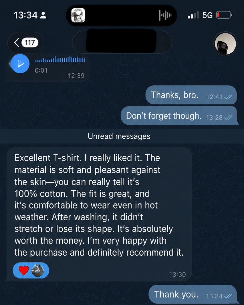 Customer message screenshot