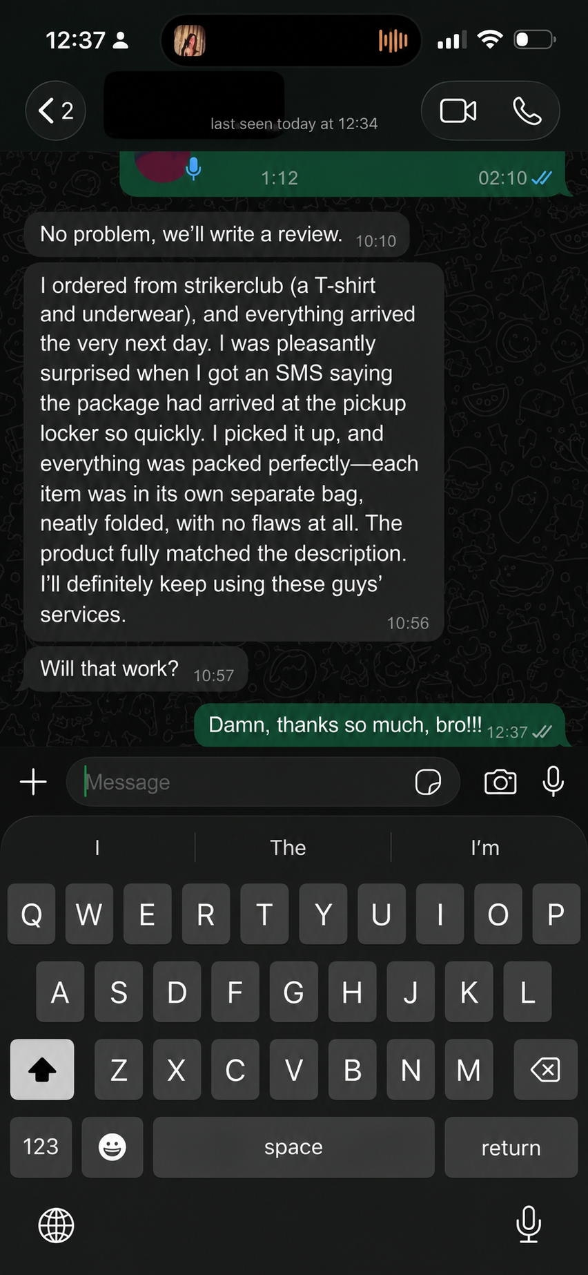 Customer review message